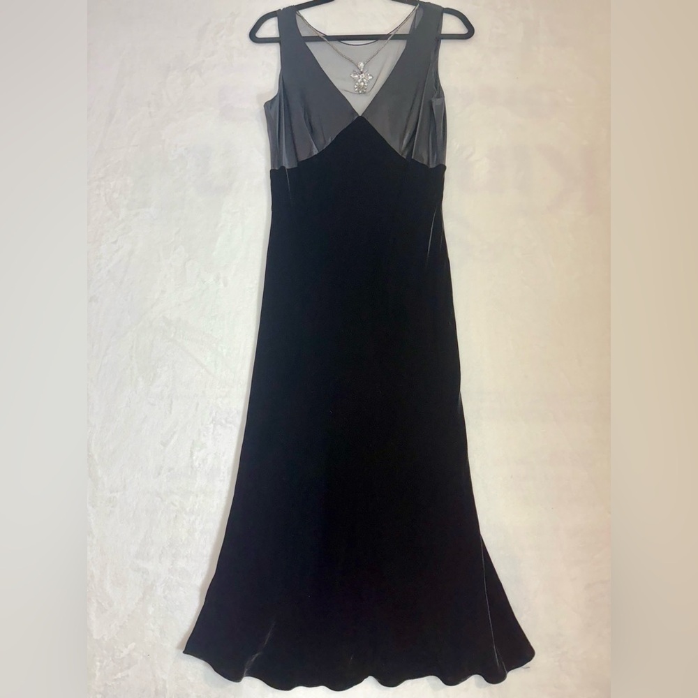 Vintage 90’s Papell Boutique Evening Black Satin & Faux Velvet Dress Size 10 Y2K
